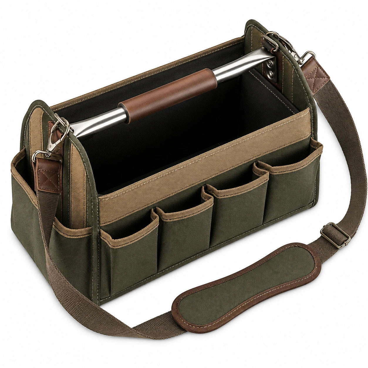 Sac à outils en toile avec bandoulière verte et brune