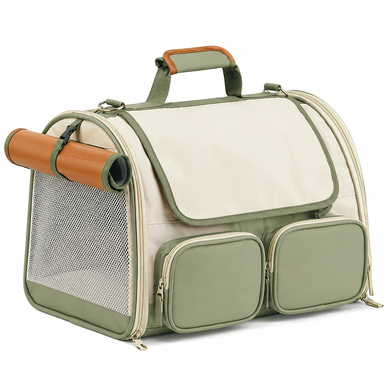 Sac de Transport pour Animaux Domestiques avec Poches Vert/Beige