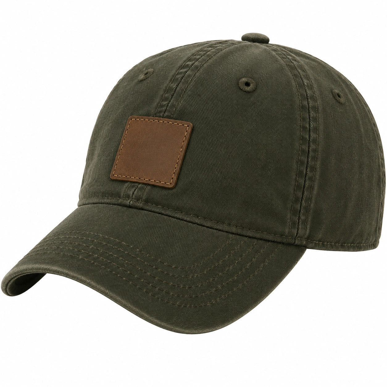 Casquette unisexe avec écusson en cuir, réglable, vert olive