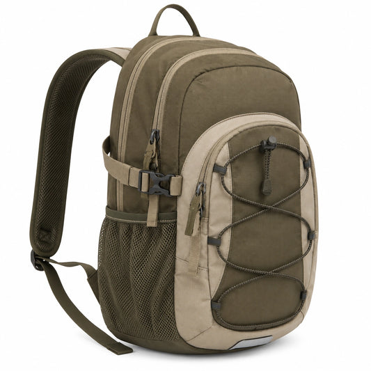Sac à dos de randonnée 30L kaki et beige avec compartiments multiples