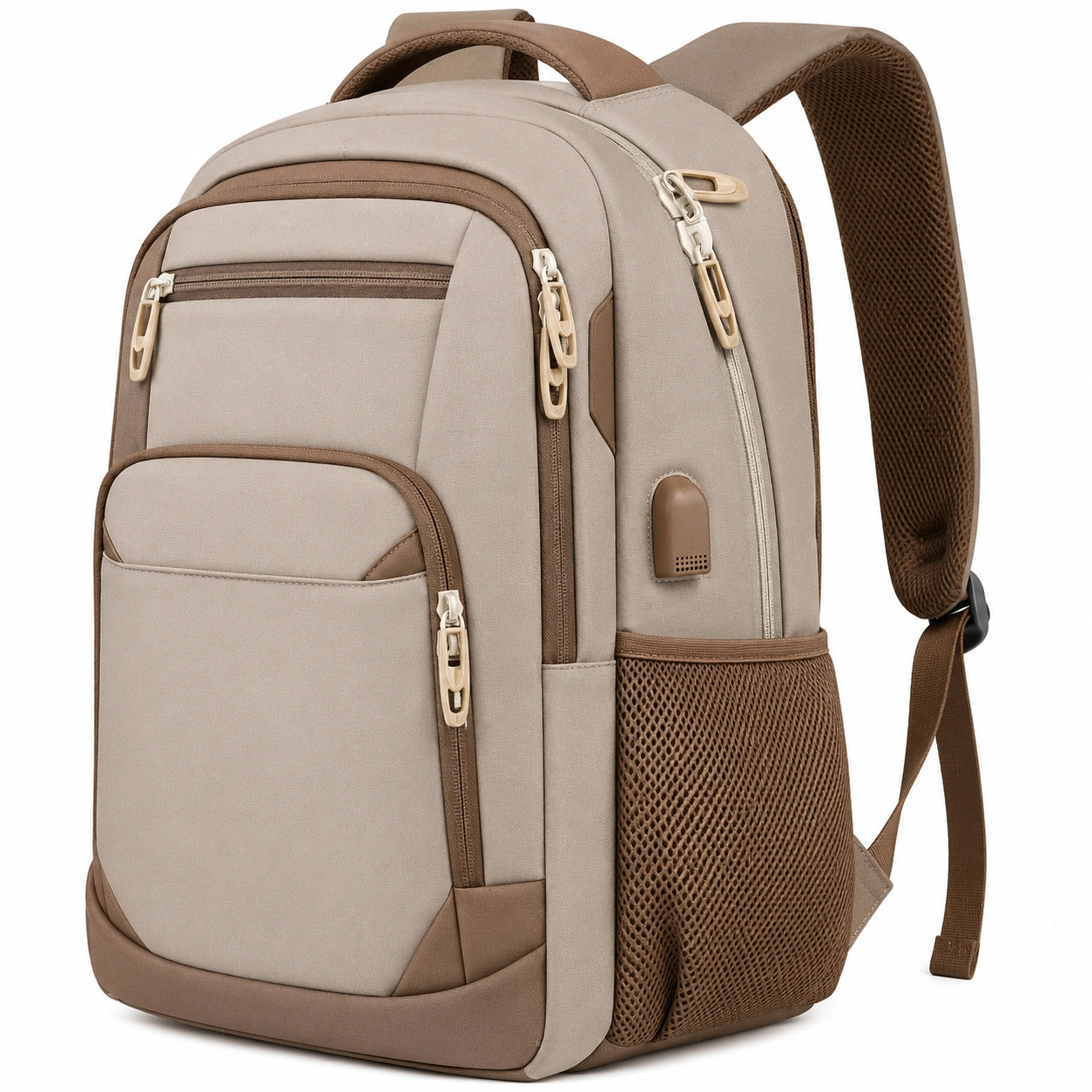 Sac à dos imperméable avec port USB pour ordinateur portable 15,6 pouces - Beige/Marron
