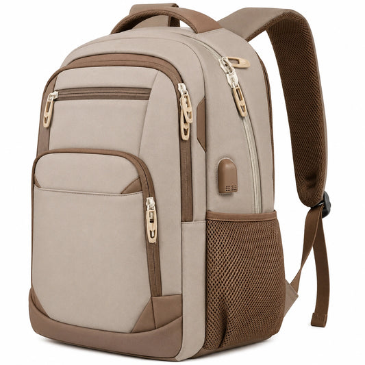 Sac à dos imperméable avec port USB pour ordinateur portable 15,6 pouces - Beige/Marron