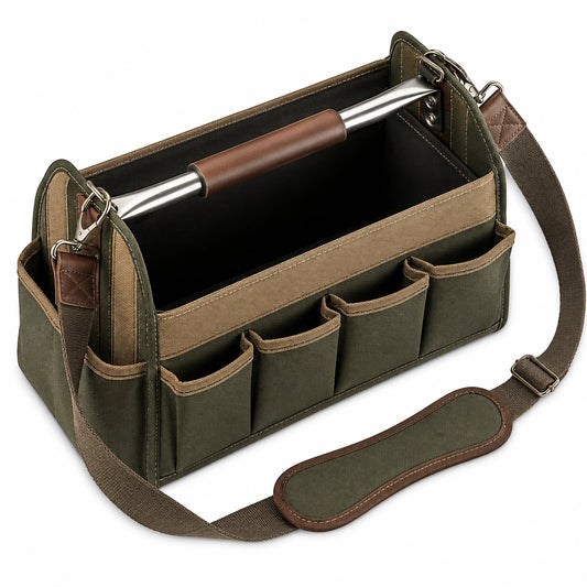 Sac à outils en toile avec bandoulière verte et brune