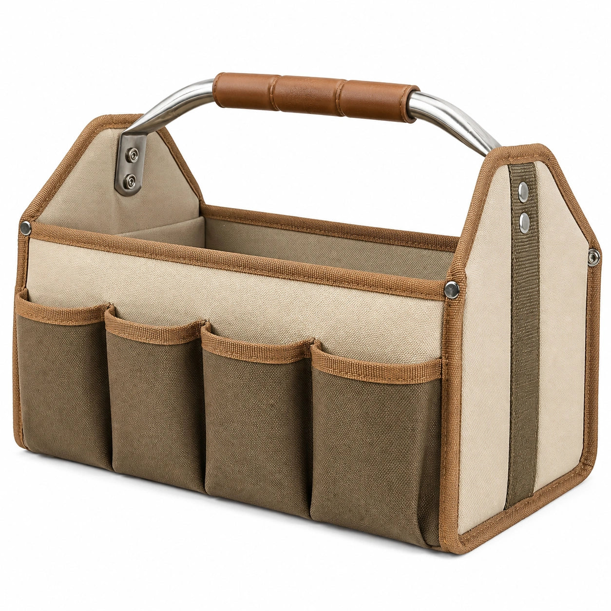 Organisateur de rangement beige et marron avec poignées en métal