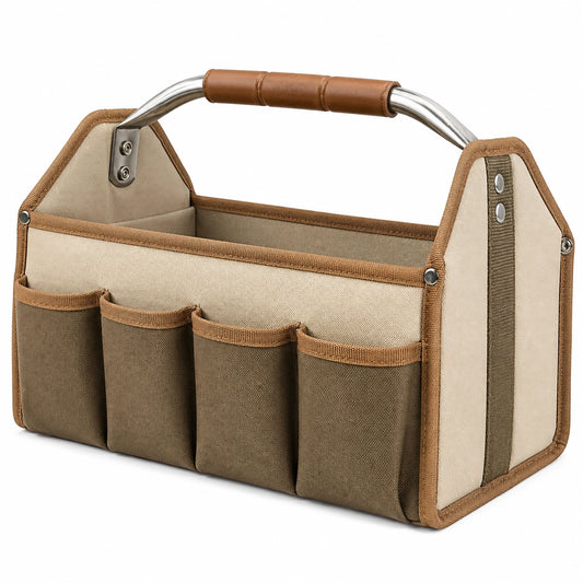 Organisateur de rangement beige et marron avec poignées en métal