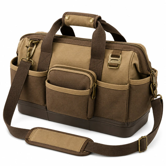 Sac à outils en toile marron avec bandoulière réglable