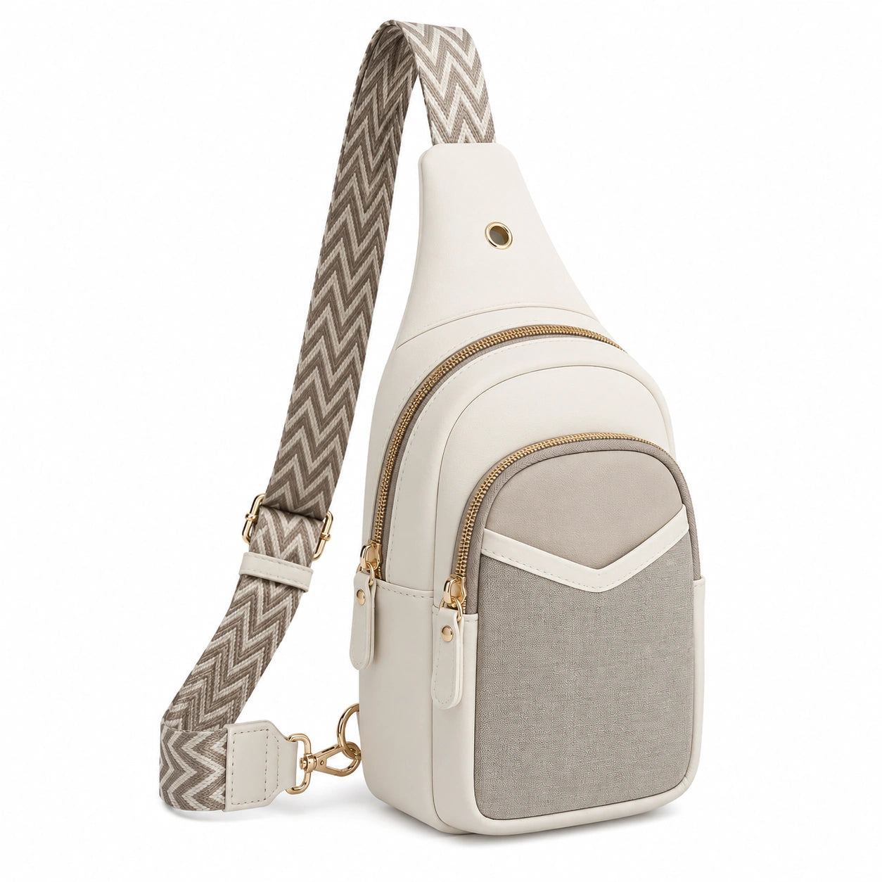 Sac bandoulière compact beige avec motif chevron