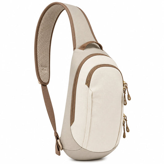 Sac à bandoulière unisexe beige avec fermetures éclair doubles