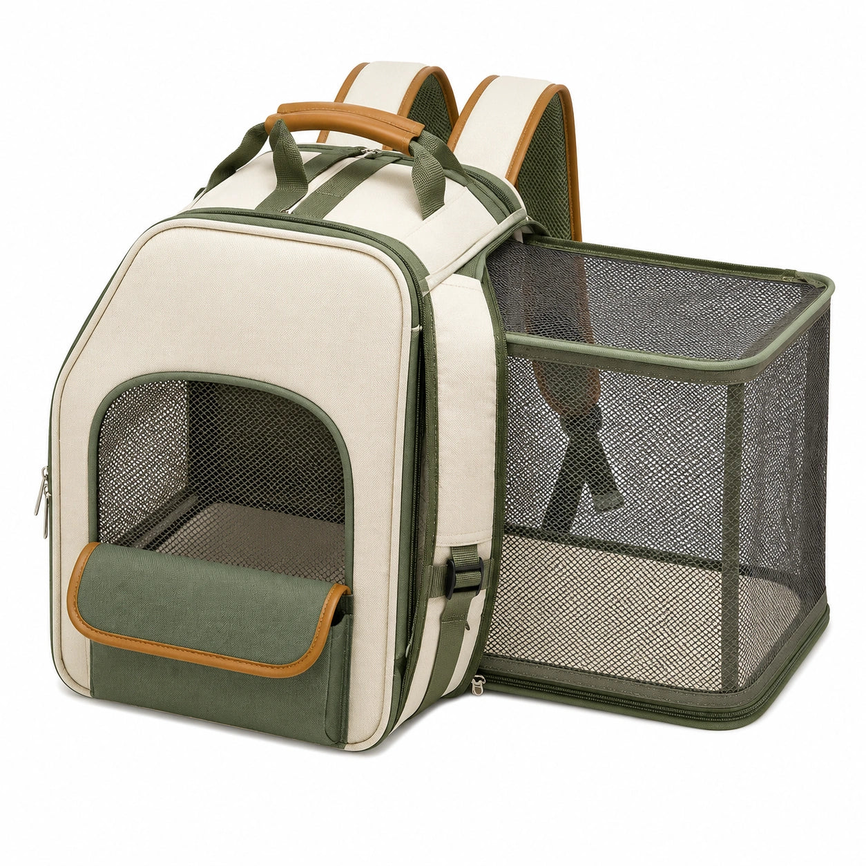 Sac à dos pour animaux avec extension pliable vert et crème