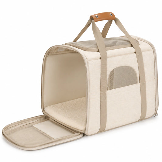Sac de Transport pour Animaux Pliable Beige avec Coussin Amovible