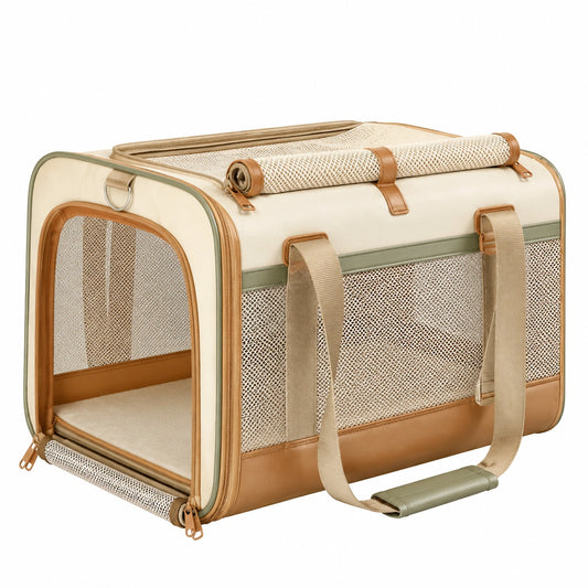 Sac de transport pliable pour animaux avec maille beige et marron