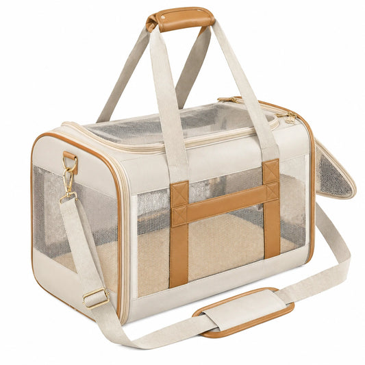 Sac de transport pour animaux avec ventilation optimale beige et poignées renforcées