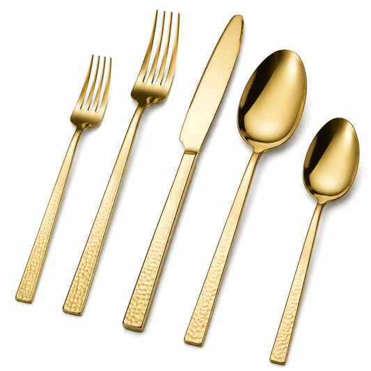 Ensemble de Couverts Dorés avec Finition Martelée - 5 Pièces