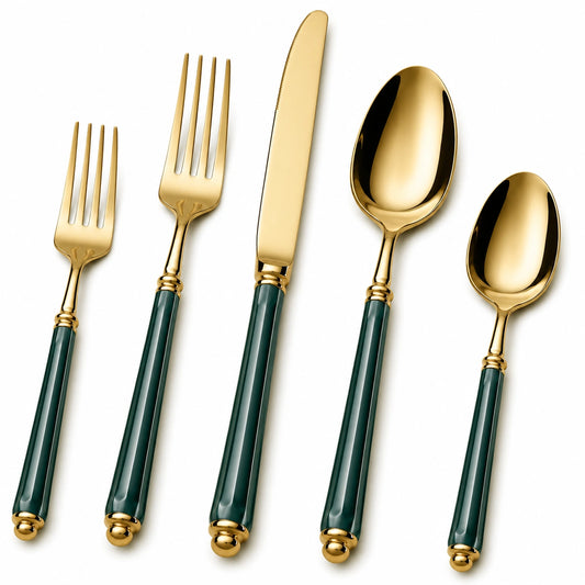 Ensemble de Couverts Doré avec Manche Vert
