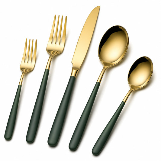 Ensemble de Couverts Plaqué Or avec Manche Vert