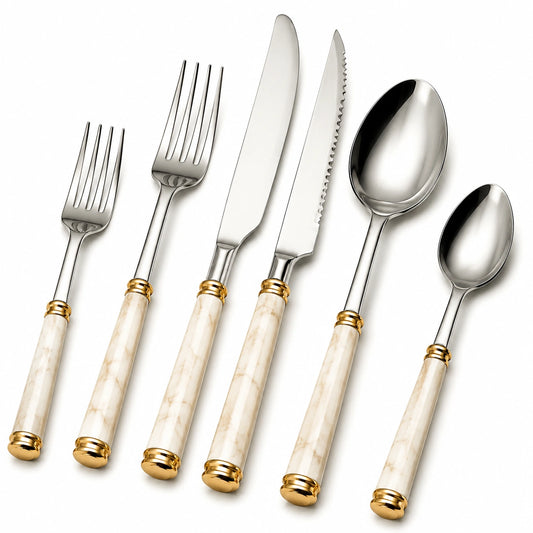 Ensemble de Couverts en Acier Inoxydable avec Manche Imitation Marbre Blanc et Détails Dorés