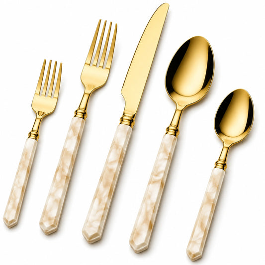 Ensemble de Couverts Dorés avec Manche en Nacre pour Dîner Élégant
