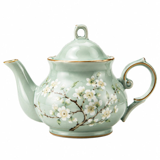 Théière en céramique vert menthe avec motifs floraux