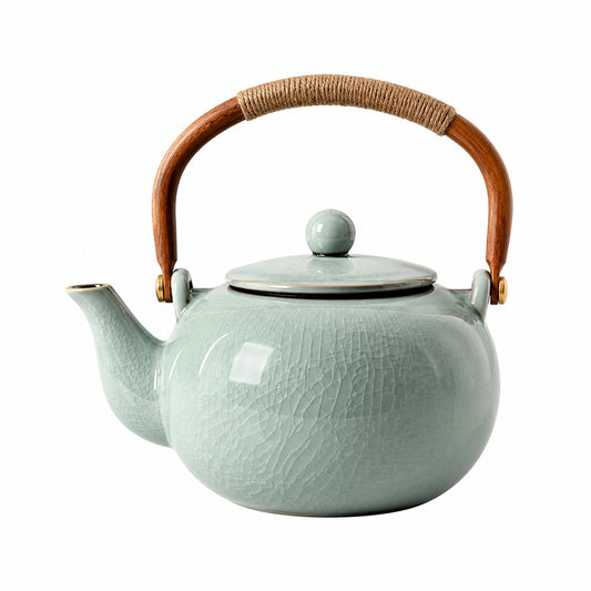 Théière en céramique vert clair avec poignée en bois, 1200ml