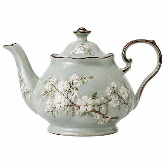 Théière en porcelaine 750ml avec fleurs en relief verte