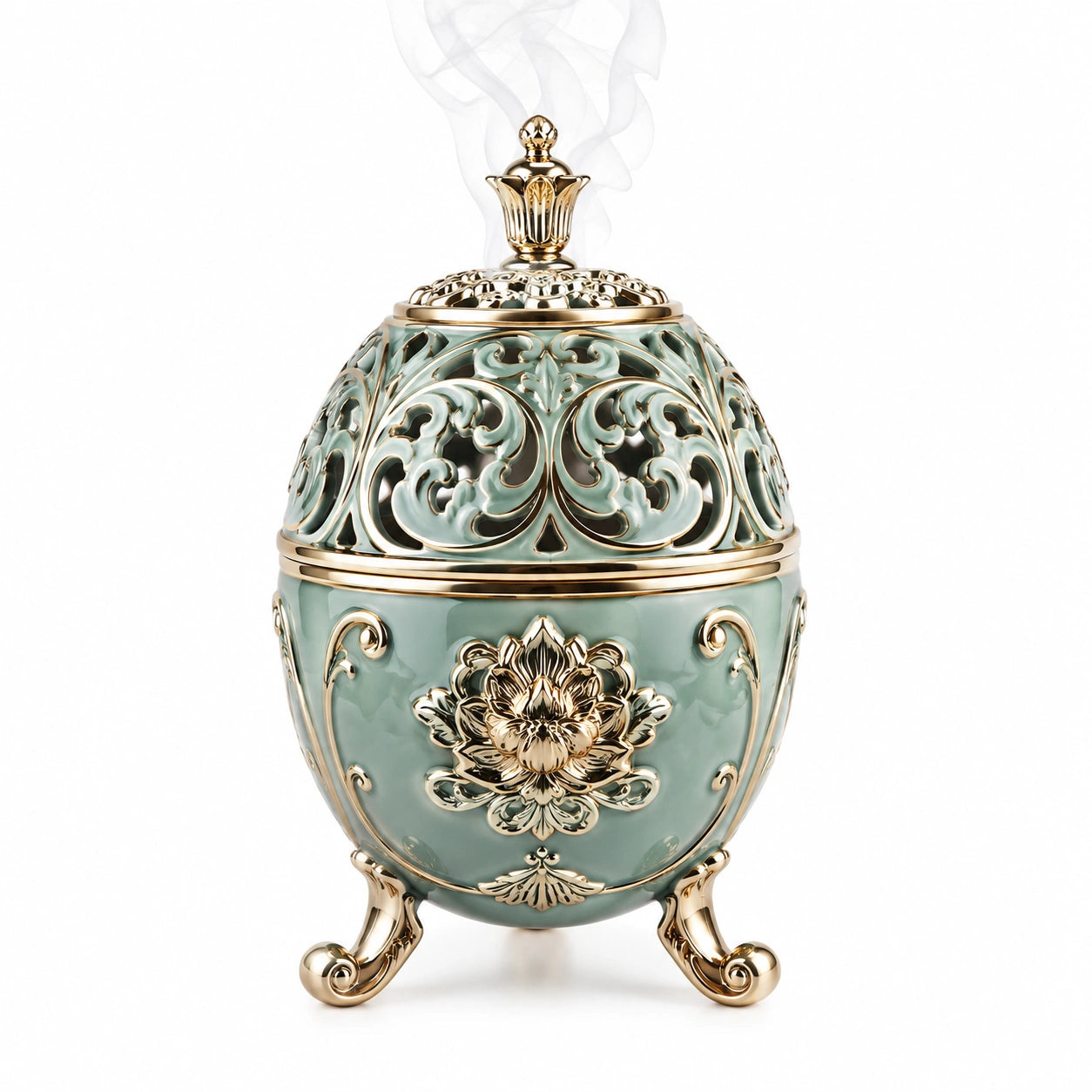 Brûleur d'encens en céramique vert avec motifs floraux
