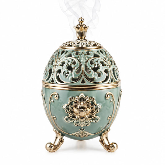 Brûleur d'encens en céramique vert avec motifs floraux