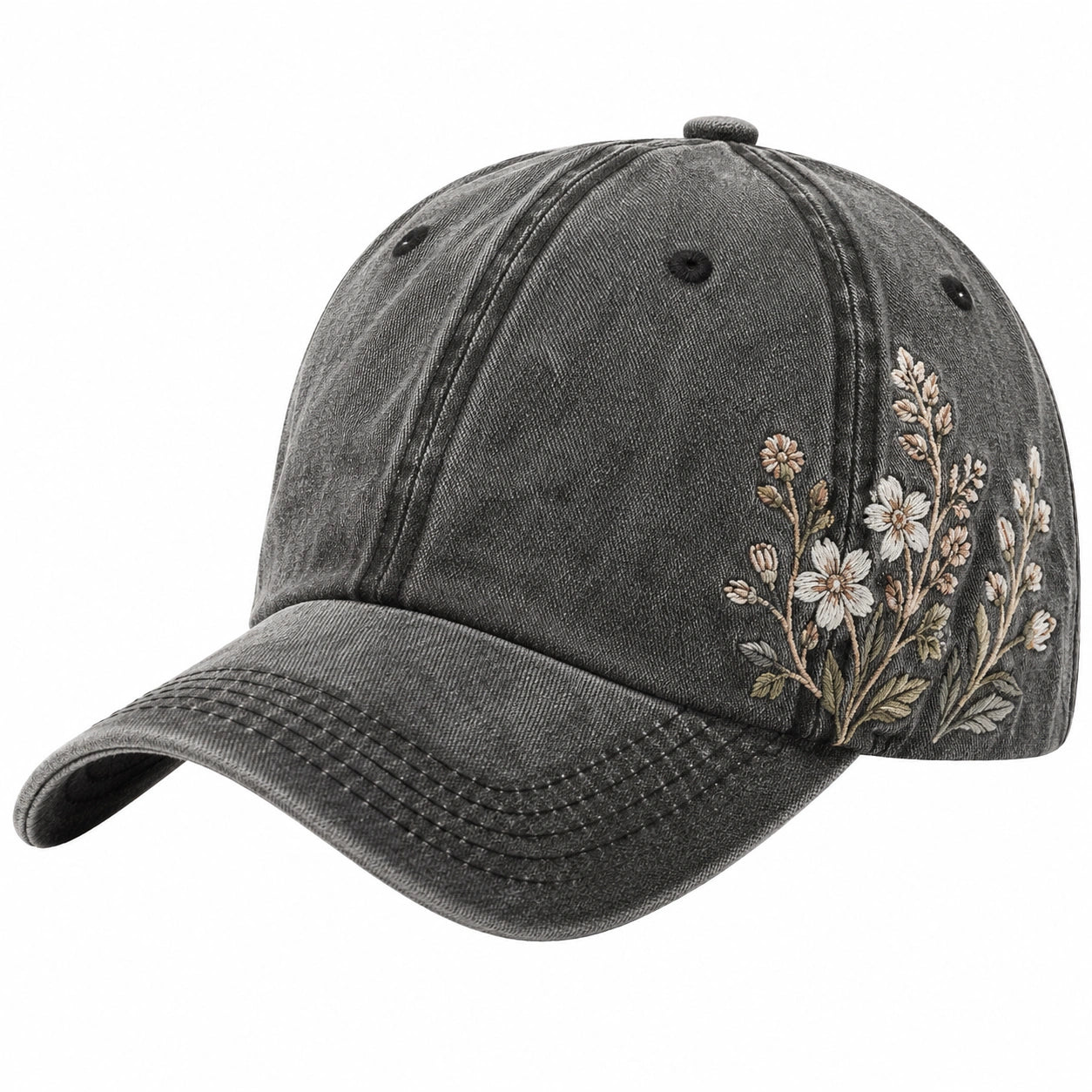 Casquette Noire Brodée avec Motif Floral