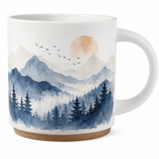 Tasse en céramique paysage montagne 350ml blanc et bleu