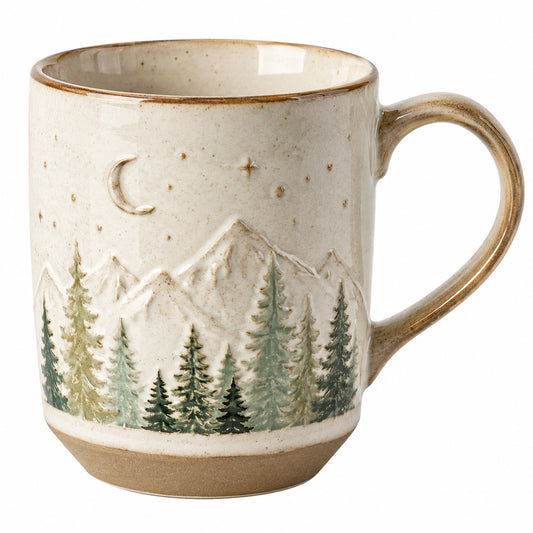 Tasse en céramique paysage montagne forêt - Beige/Vert
