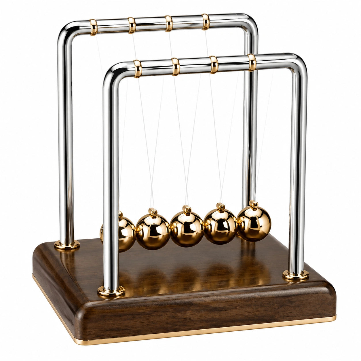 Pendule de Newton Équilibre Or et Argent avec Base en Bois