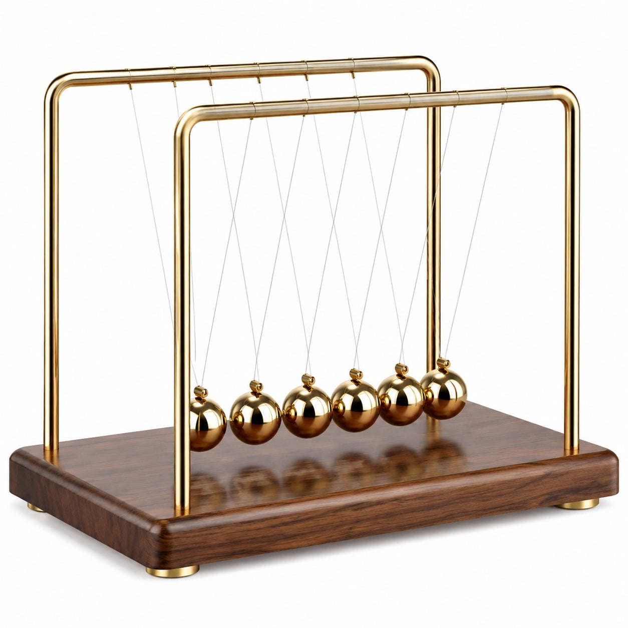 Pendule de Newton en Métal Doré et Bois de Noyer