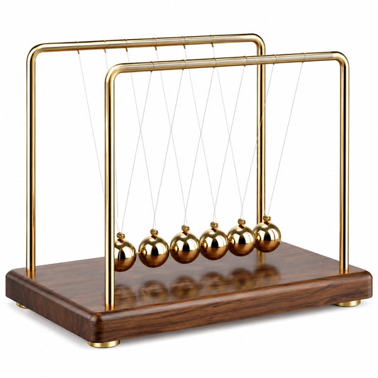 Pendule de Newton en Métal Doré et Bois de Noyer