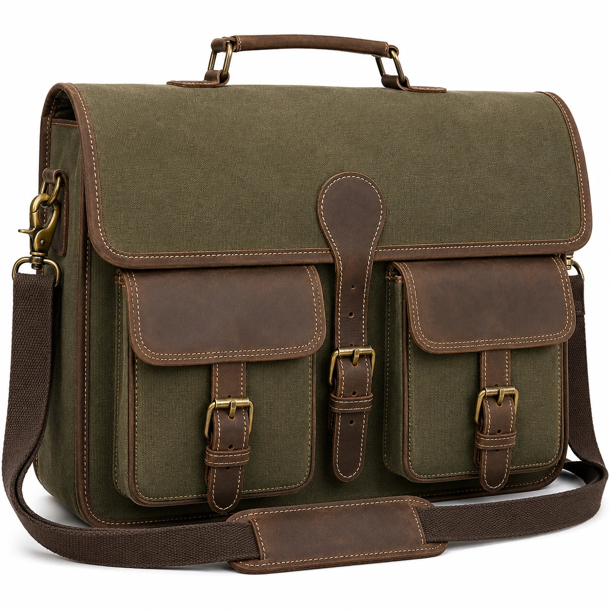 Sacoche en toile verte et cuir marron avec bandoulière