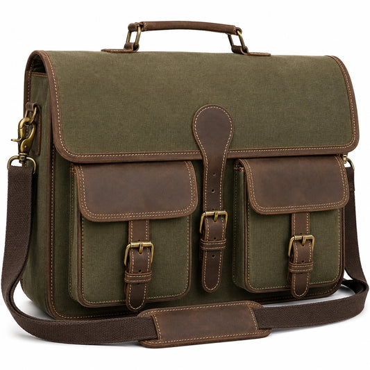 Sacoche en toile verte et cuir marron avec bandoulière