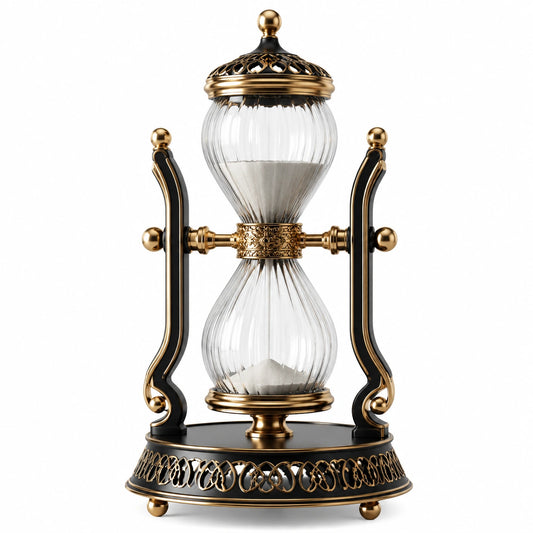 Sablier Décoratif en Verre avec Détails Dorés et Noirs, 60 Minutes